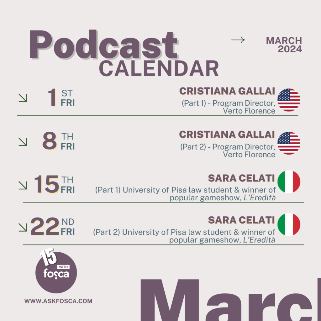 15 with Fosca March 2024 Podcast calendar